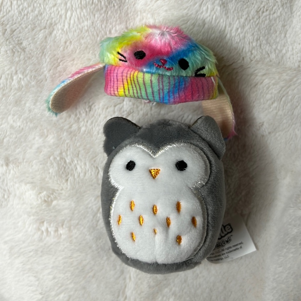 Squishville owl toy with bunny hat